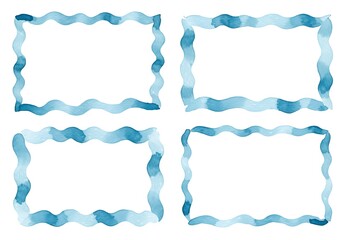 Four watercolor frames with wavy blue green borders on white background