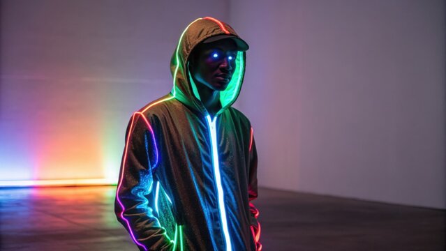 A figure in a glowing hoodie stands against a minimalist background, illuminated by vibrant colored lights.