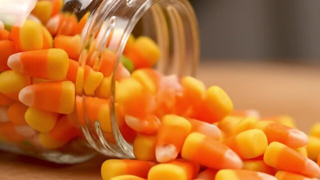 Sweet candy corn spilling from a glass jar onto a wooden table