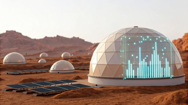 A futuristic landscape featuring geodesic domes on Mars, equipped with solar panels and digital displays, showcasing a vision of potential human colonization.
