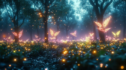 Naklejka premium Holographic trees are vividly growing in a virtual forest