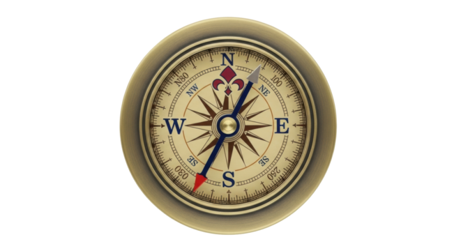 Isolated navigational compass with direction needle, for exploring and travel, no background