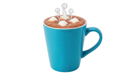 Isolated hot chocolate in blue mug with marshmallows and steam for winter holidays
