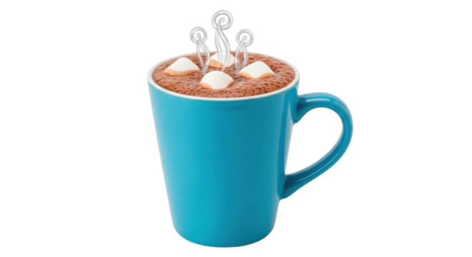 Isolated hot chocolate in blue mug with marshmallows and steam for winter holidays