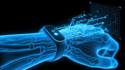 Neon WIreframe holographic shot of human hand, digital watch delivering data-Future technology - Powered by Adobe