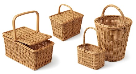Collection of four woven wicker baskets of various sizes and shapes