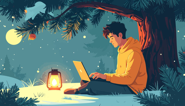 Young man in warm hoodie working on his laptop under a pine tree with a lantern, embracing the freedom of work from anywhere lifestyle