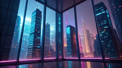 A stunning view of a futuristic cityscape at night, showcasing illuminated skyscrapers and vibrant neon lights through large glass windows.