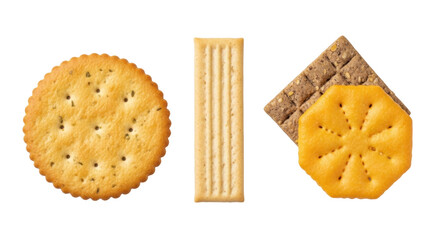 Isolated Assorted crackers a snack consisting of a variety of crisp baked goods or biscuits