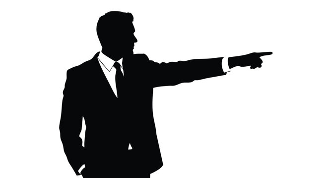 Silhouette of a businessman in a suit pointing forward, ideal for business or guidance concepts