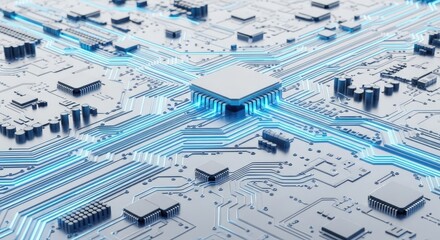 Close up of a complex electronic circuit board with glowing blue lines and microchips 2025-2026 Full HD 4K Technology Background Icon Download