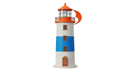 Isolated vintage-style lighthouse tower with orange top, nautical object, navigational safety beacon