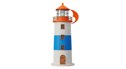 Isolated vintage-style lighthouse tower with orange top, nautical object, navigational safety beacon
