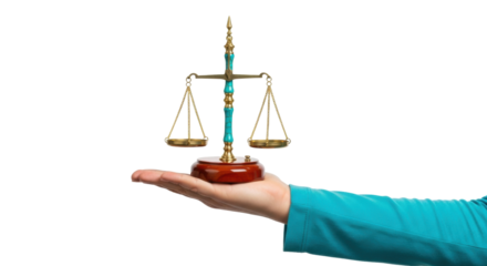 Isolated hand holding scales of justice, balanced, fairness, legal system and law concept