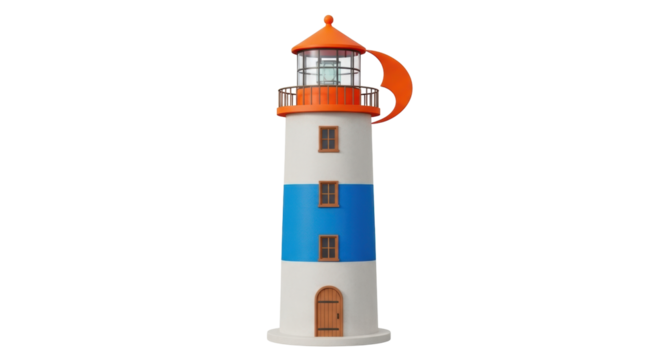 Isolated vintage-style lighthouse tower with orange top, nautical object, navigational safety beacon