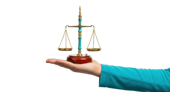 Isolated hand holding scales of justice, balanced, fairness, legal system and law concept - Powered by Adobe