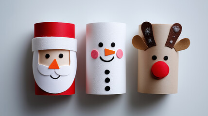 Three decorated toilet paper rolls feature Santa, a snowman, and a reindeer Generative AI