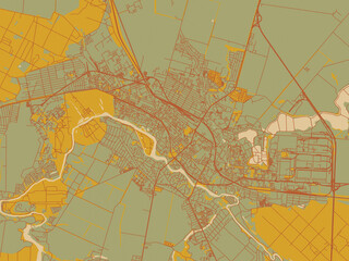 Modern flat map poster of Bila Tserkva, Ukraine in olive backdrop with warm rust street network and ochre blocks.