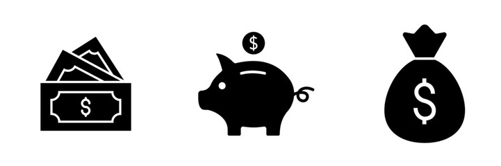 Money icons set. Cash icon set. Money bag icon. Money sign and symbol. Finance icons. Vector illustration.