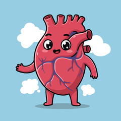 Cute cartoon human heart character illustration standing happily on a blue background