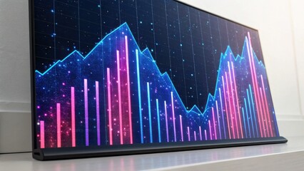 A sleek digital screen displays colorful data visualizations with peaks and valleys, representing statistical trends and analysis.