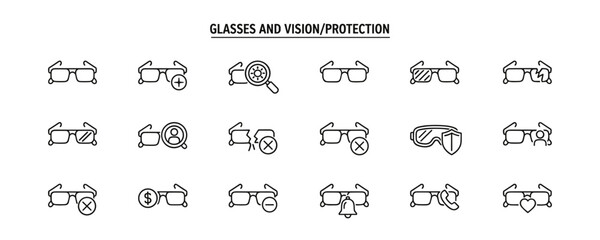 Set of monochromatic glasses icons for vision and protection