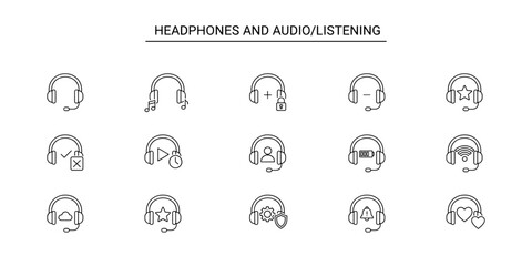 Set of minimalist line icons for Headphones and Audio/Listening