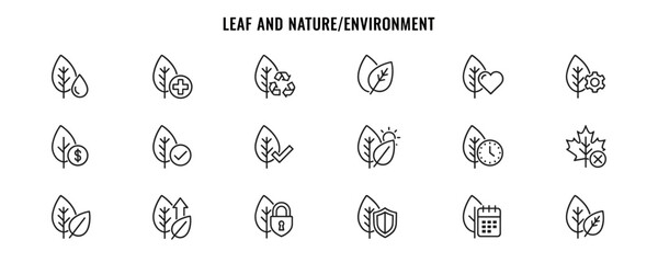 Set of minimalistic line icons featuring leaves, nature, and environment
