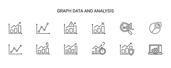 Set of black line icons for graph data and analysis