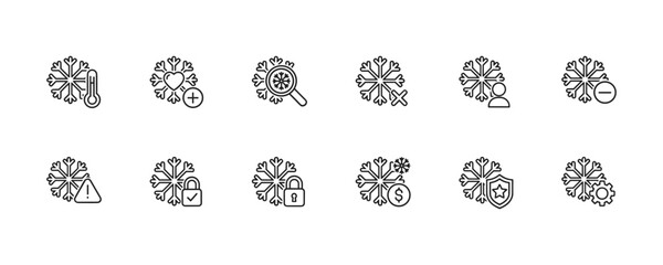 Set of minimalistic snowflake icons integrated with various symbols in black and white