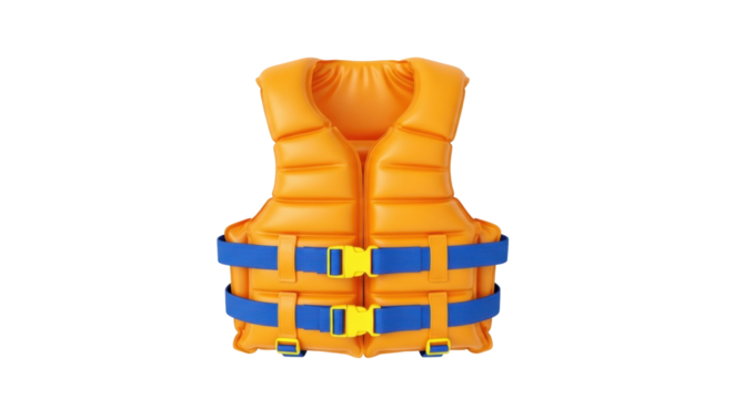 Isolated orange life jacket with two blue straps used as safety equipment for water activities