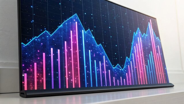A sleek digital screen displays colorful data visualizations with peaks and valleys, representing statistical trends and analysis.