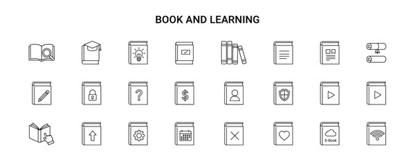 Collection of line icons related to books, learning, and education
