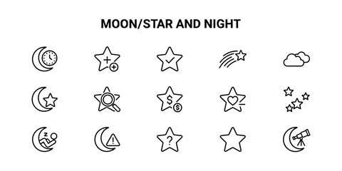 Collection of black line style icons depicting moon, stars, and night sky