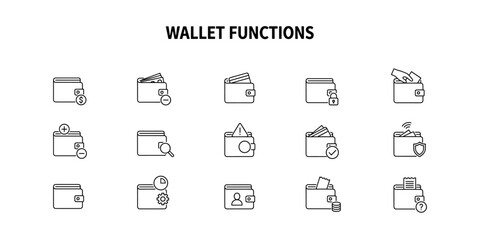 Collection of minimalist wallet function icons in line art style