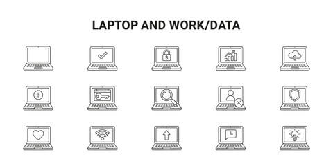 Set of black outline laptop icons for work and data