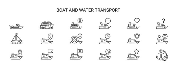 Collection of minimalistic black and white line icons for boat and water transport