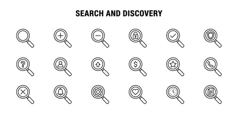 Set of black and white line icons for Search and Discovery with different symbols in magnifying glasses