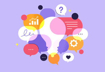 Creative Collaboration Concept. Vector abstract illustration of colorful speech bubbles symbolizing communication and the exchange of creative ideas—concept of teamwork and shared thinking process.