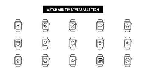 Set of minimalist line icons for wearable technology and smartwatch functions