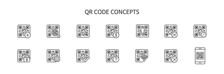 Set of Black Line Icons Depicting QR Code Concepts