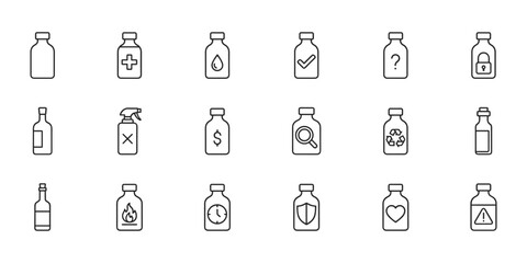 Set of black outline bottle icons with various symbols in a grid layout