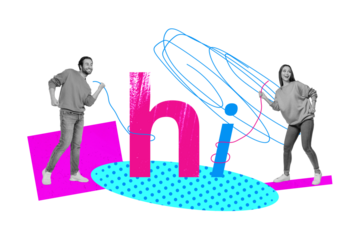 Composite creative art collage of two happy girl guy hold string letters hi word greeting good mood hello isolated on painted background