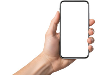 Hand Holding Smartphone with Blank White Screen Display on Black Background, Mobile Phone Mockup, Technology Concept