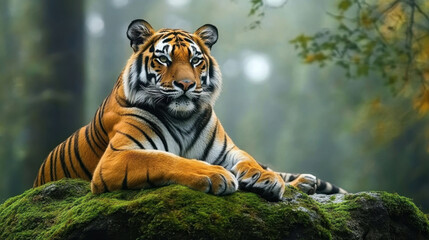 Tiger resting on mossy rock amid misty trees