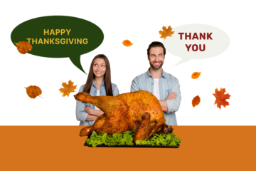 Composite photo collage of two happy girl guy bubble greeting happy thanksgiving holiday roasted turkey isolated on painted background