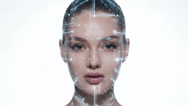 Facial recognition technology analyzing a womans face for identification and security.