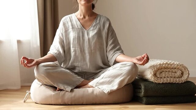 A person sits in a meditative pose on a cushion, practicing mindfulness and relaxation at home.