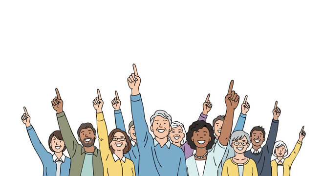 Upward pointing fingers from a diverse and smiling group of people, symbolizing shared agreement, collective choice, or a unified vision