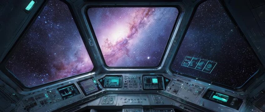 An animated view from a spaceship bridge overlooking a colorful nebula. Blinking lights and holographic data create a high-tech, serene sci-fi atmosphere.